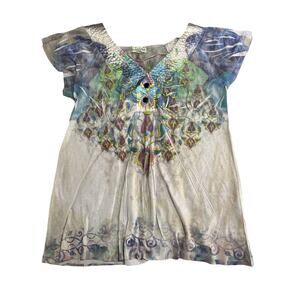 One World brand Women’s top with a colorful bohemian style design Sz XL